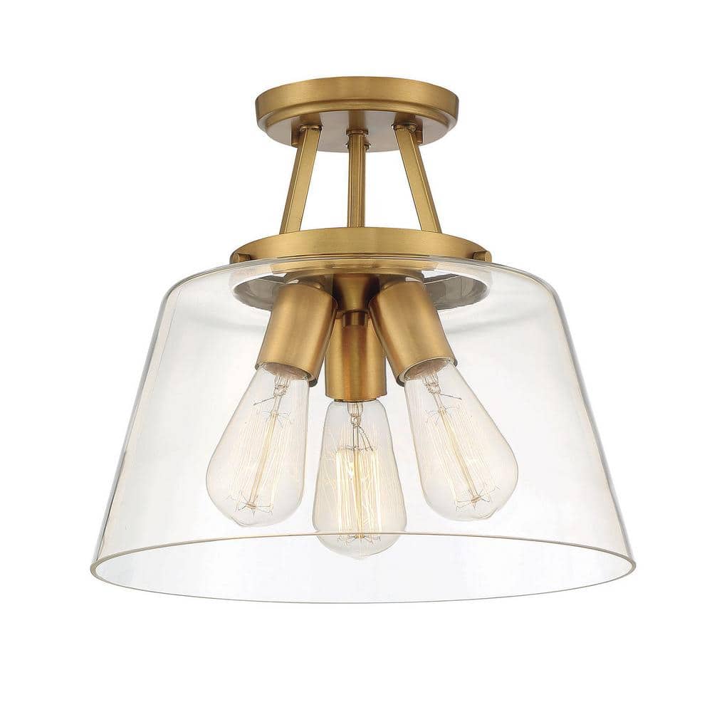 Calhoun Collection Warm Brass 3-Light Semi-Flush Mount with Clear Glass