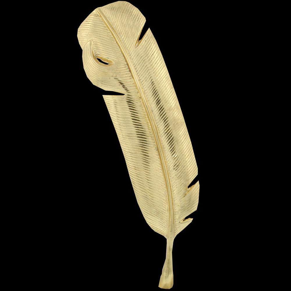 Gold Metallic Bird Feather Sculpture with Marble Base, 12" Height