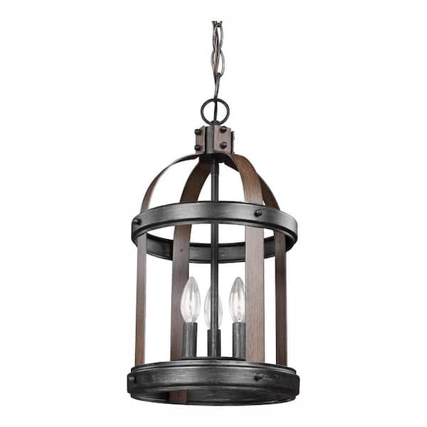 Generation Lighting Lonoke 10.5 in. W. 3-Light Weathered Gray and Distressed Oak Hall-Foyer Pendant with Dimmable Candelabra LED Bulbs