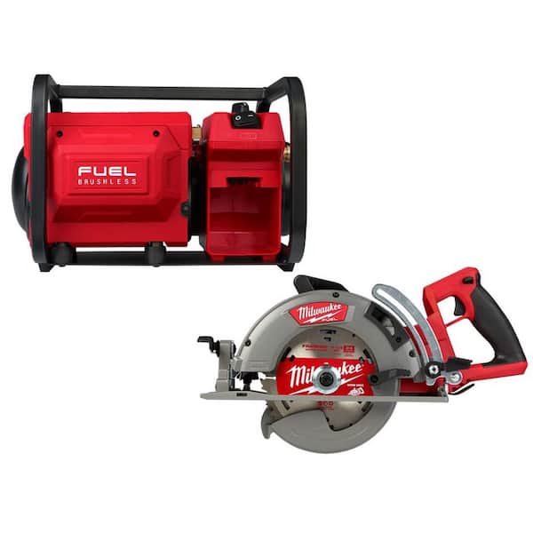 Milwaukee M18 FUEL Brushless Cordless 2 Gal. Compact Quiet Compressor w/M18 FUEL Cordless 7-1/4 in. Rear Handle Circular Saw