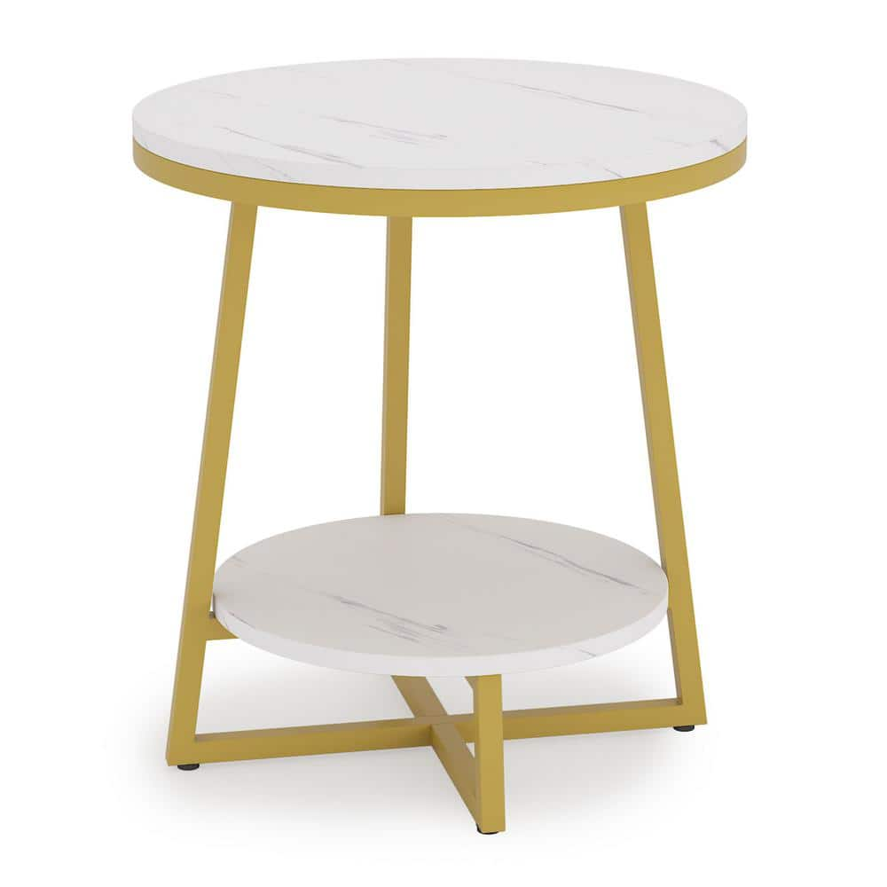 BYBLIGHT Kerlin 20 In White Round Wood End Table 2 Tier Faux Marble   White End Side Tables Bb U0037xf 1 64 1000 