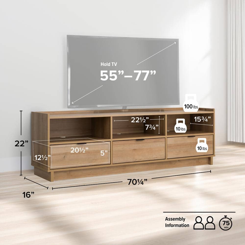 Oak Laminate 70" TV Stand with Storage Cabinet and Shelves