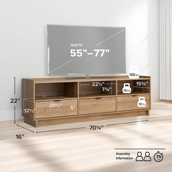 Prepac Simply Modern Oak TV Stand Fits TVs up to 55 in. to 77 in. with 3-Drawers