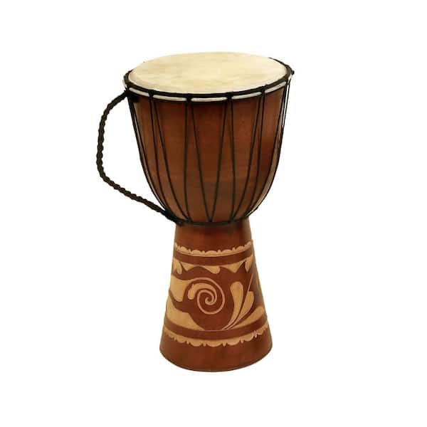 10 in. x 16 in. Brown Wood Handmade Djembe Drum Sculpture with Rope Accents