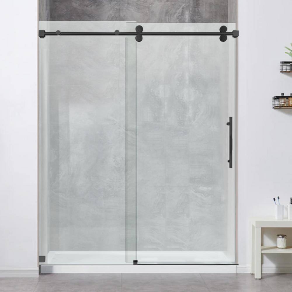 60-Inch Matte Black Frameless Sliding Shower Door with Clear Glass