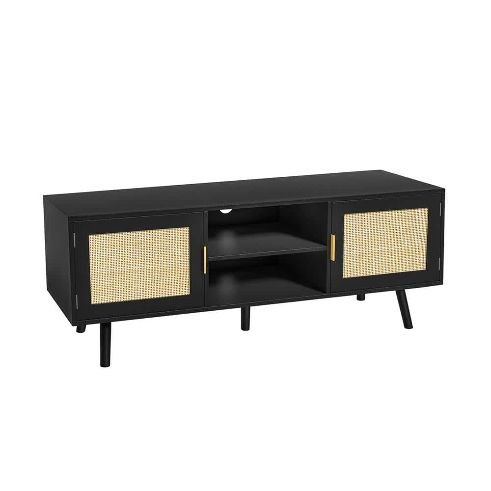 47 in. Black Farmhouse Rattan TV Stand Fits TV's Up to 55 in. TV Mid Century Modern Entertainment Center with Cabinet -  Aupodin, H0056