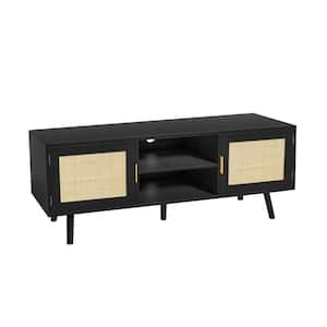 47 in. Black Farmhouse Rattan TV Stand Fits TV's Up to 55 in. TV Mid Century Modern Entertainment Center with Cabinet