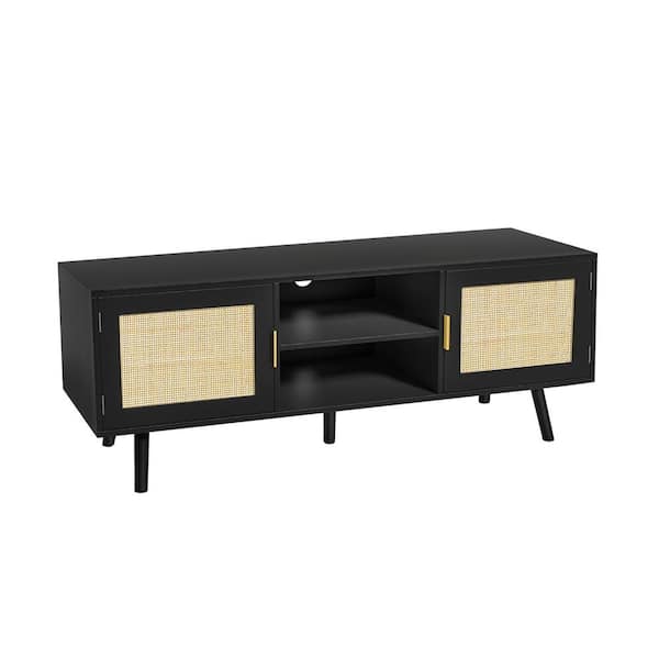 Aupodin 47 in. Black Farmhouse Rattan TV Stand Fits TV's Up to 55 in. TV Mid Century Modern Entertainment Center with Cabinet