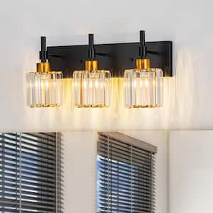 19.3 in. 3 Lights Black Gold Dimmable Modern Bathroom Vanity Light with Crystal Shades
