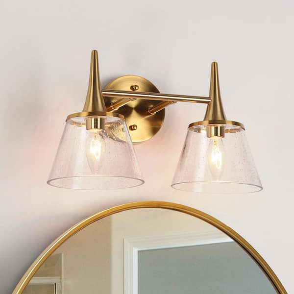 LNC Quoridan Modern 14 in. 2-Light Plated Brass Bathroom Vanity Light Classic Wall Sconce with Bell Clear Seedy Glass Shades