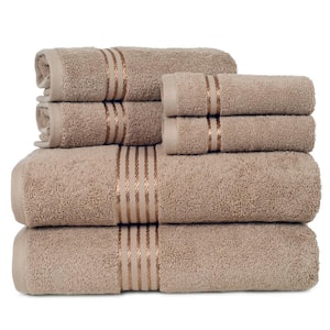 6-Piece Taupe Solid 100% Cotton Bath Towel Set with Satin Stripes