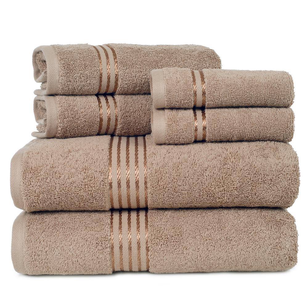 6Piece Taupe Solid 100 Cotton Bath Towel Set with Satin Stripes