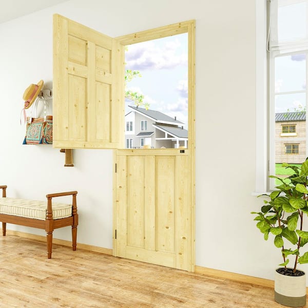 30 in. x 80 in. Solid Pine Universal Paneled 6-Lite Unfinished Pine Wood Front Door Slab-Dutch Door Design