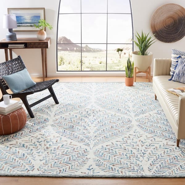 Capri Ivory/Blue 11 ft. x 15 ft. Geometric Leaf Area Rug