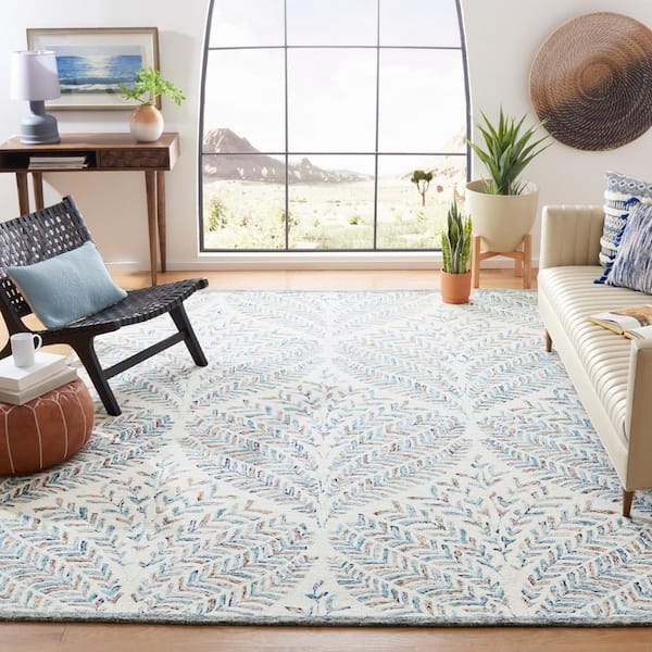 Capri Ivory/Blue 7 ft. x 7 ft. Geometric Leaf Square Area Rug