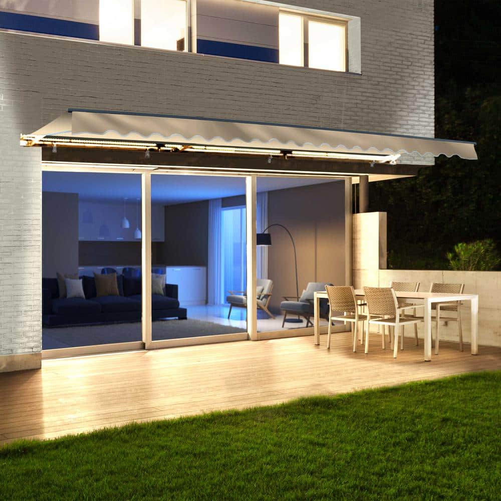 Ivory Motorized Retractable Patio Awning with LED Lights, 20x10 ft
