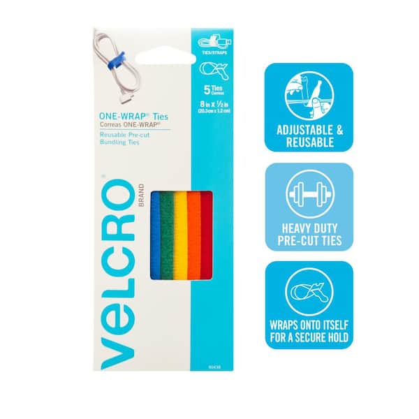 Heavy Duty VELCRO Brand Wires & Cords 60 Ct ONE-WRAP for Cables 8 x 1/2 Ties Reusable - Multi-Color