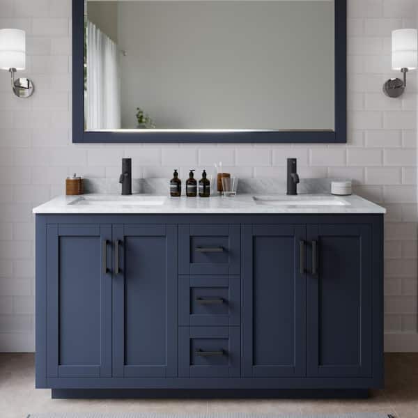 Wyndham Collection Miranda 60 in. W Double Bath Vanity in Dark Blue with Marble Vanity Top in White Carrara with White Basins