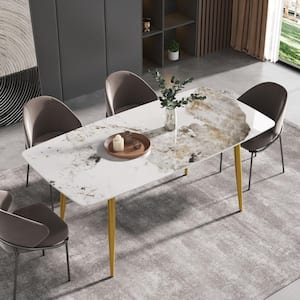 70.87 in. Pandora Pattern Rectangle Sintered Stone Top Gold Metal 4 Legs Dining Table (Seats 6)