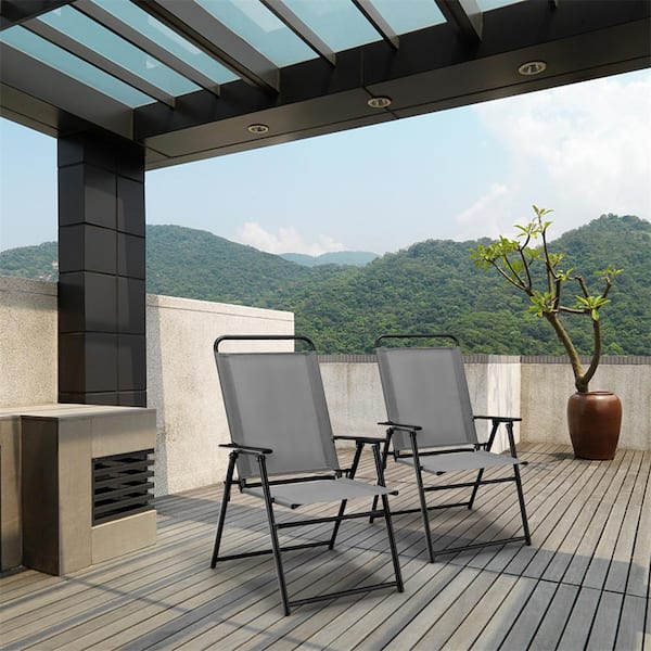 Patio Folding Sling Chairs Outdoor Dining Chair Armrest Backrest Portable Set of 2