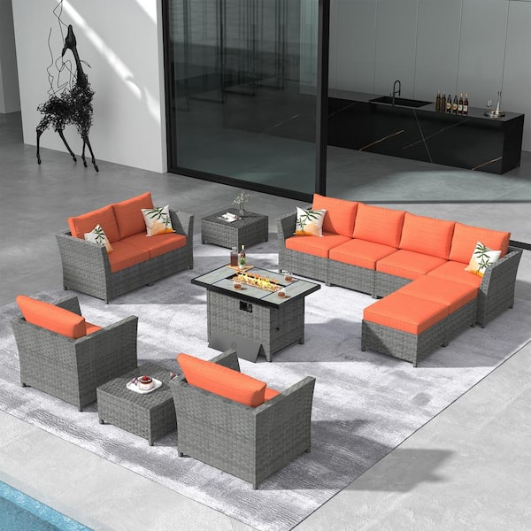 XIZZI Vesta Gray 13-Piece Wicker Outerdoor Patio Rectangular Fire Pit Set with Orange Red Cushions