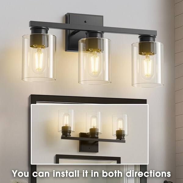 18 in. 3-Light Black Vanity Light with Clear Glass Shades for Bathroom