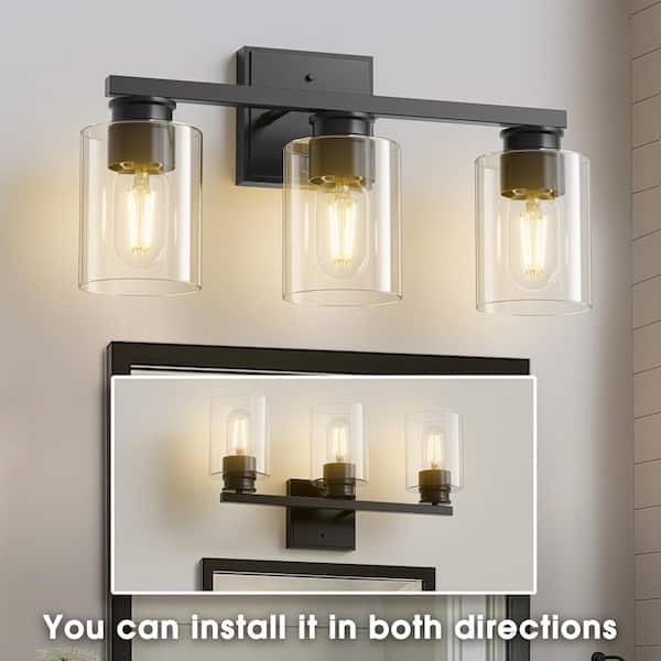 18 in. 3-Light Modern Vanity Light with Black Finish and Clear Glass Shades