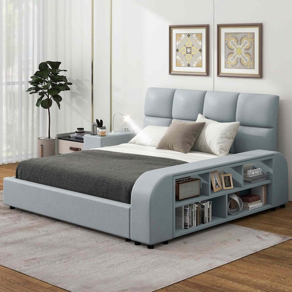 Polibi Gray Wood Frame Queen Platform Bed with Multimedia Nightstand and Storage Shelves