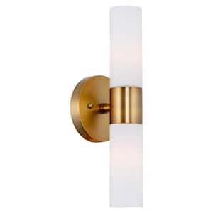 Duo 5 in. 60-Watt 2-Light Warm Brass Modern Wall Sconce with Frosted Shade