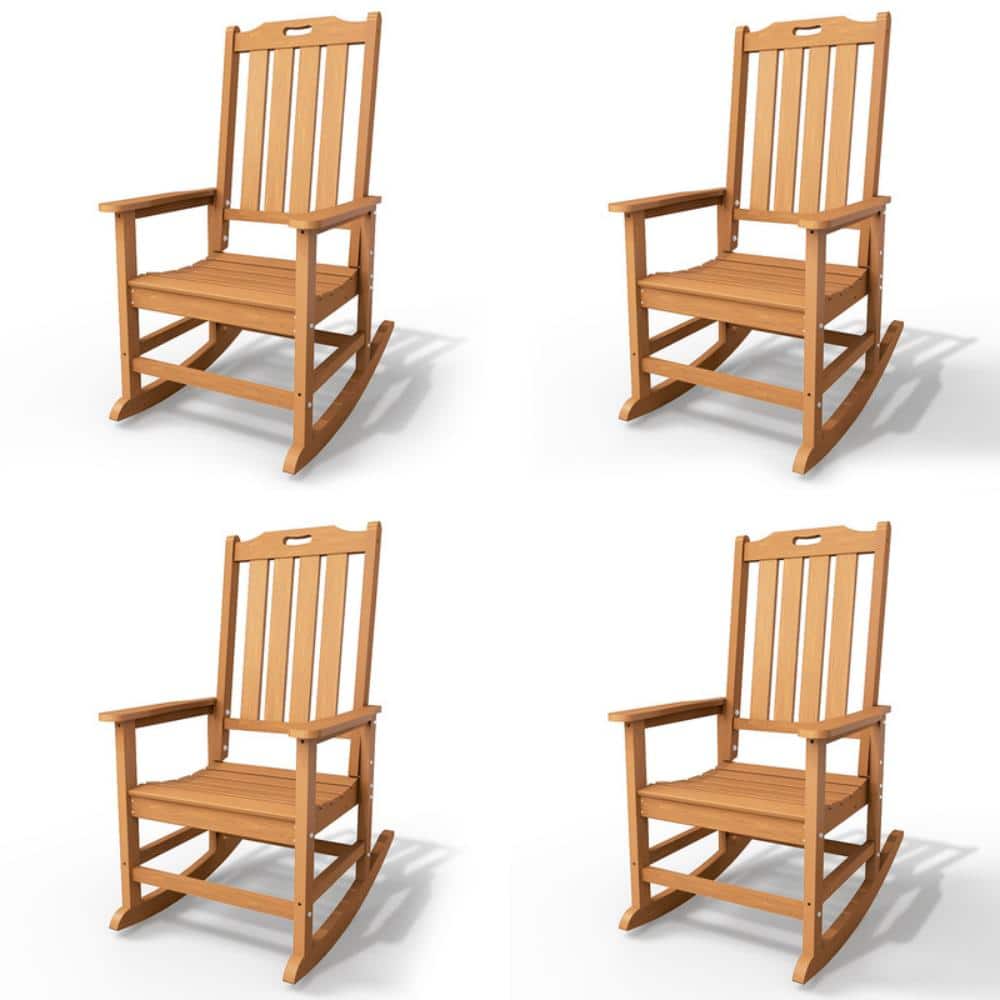 Teak HDPE Outdoor Patio Rocking Chair Adirondack Rocker Chair with High Backrest (Set of 4)