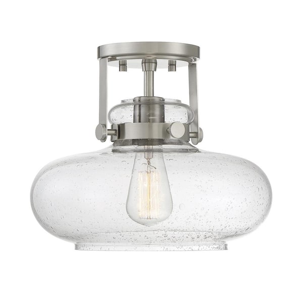 Savoy House 12 in. W x 10 in. H 1-Light Brushed Nickel Semi-Flush Mount Ceiling Light with Clear Seeded Glass Shade