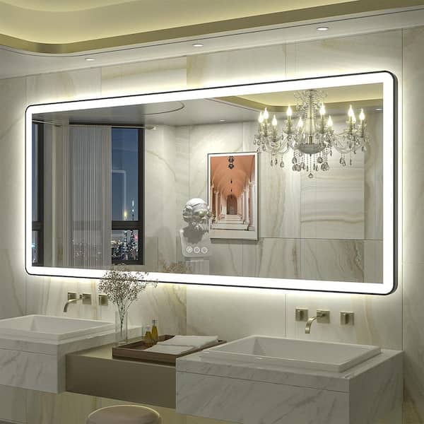 72 in. W x 32 in. H Rectangular Framed Front and Back LED Lighted Anti-Fog Wall Bathroom Vanity Mirror in Tempered Glass
