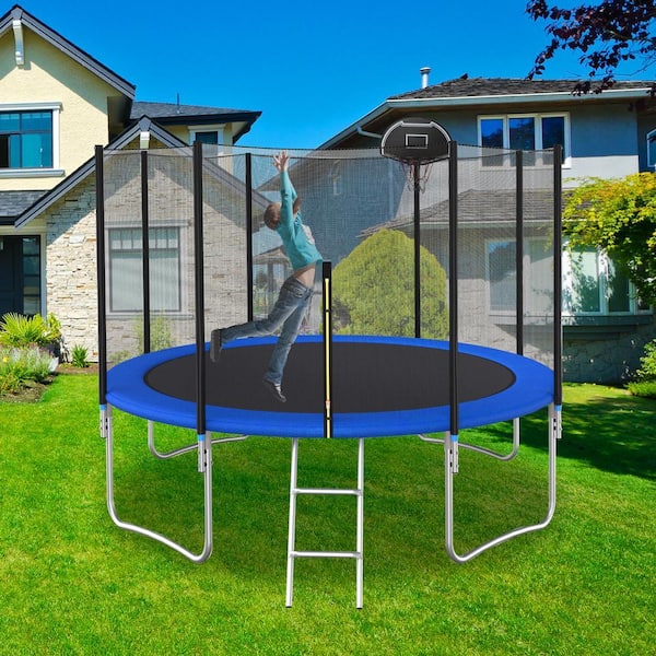 SUNRINX 12 ft. Blue Round Trampoline with Safety Enclosure Net and