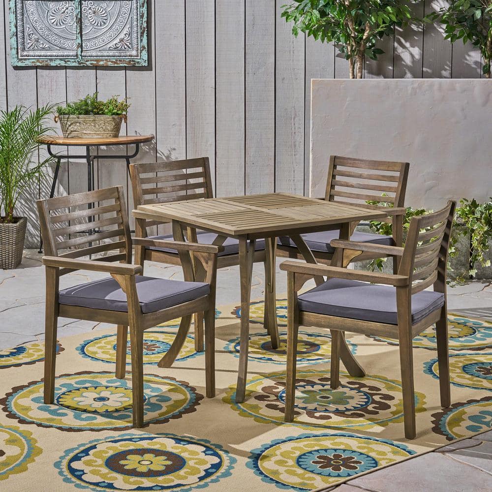 Casa Acacia Grey 5-Piece Acacia Wood Square Table with Carved Legs Outdoor Patio Dining Set with Dark Grey Cushions -  Noble House, 55209