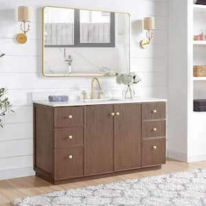 Oza 60 in.W x 22 in.D x 33.9 in.H Single Sink Bath Vanity in Dark Brown with White Quartz Stone Top and Mirror