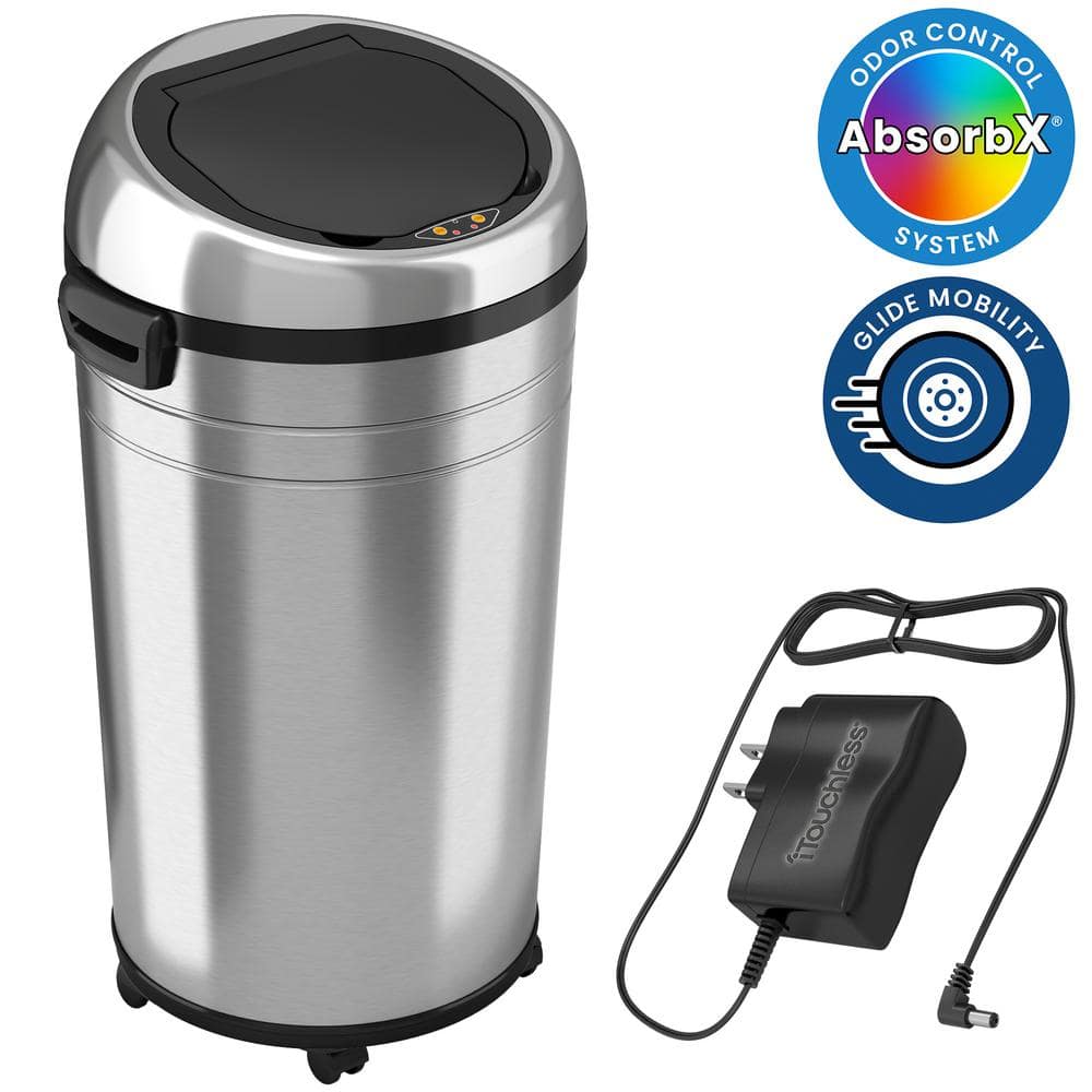 iTouchless - 13 Gallon Touchless Sensor Trash Can with AbsorbX Odor Control System, White Stainless Steel Round Shape Kitchen Bin - Pearl White