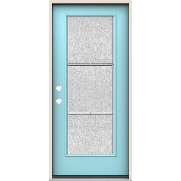 JELD-WEN 36 in. x 80 in. Right-Hand Full Lite Eastfield Decorative Glass Caribbean Blue Steel Prehung Front Door