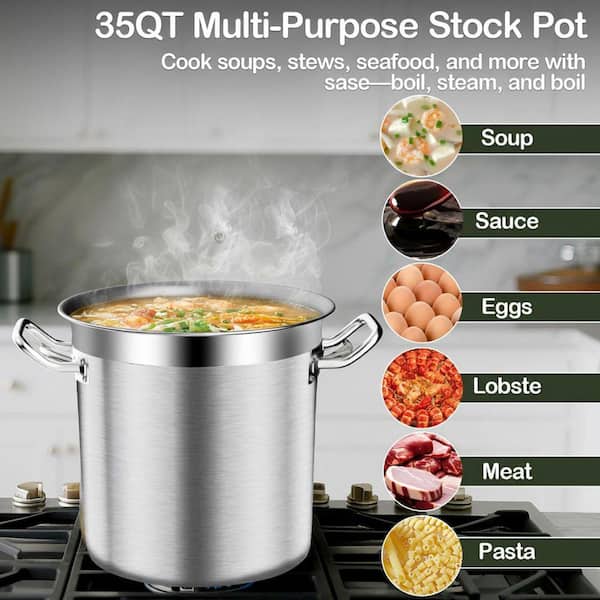 35 qt. Stainless Steel Nonstick Stock Pot with Lid in Silver Heavy