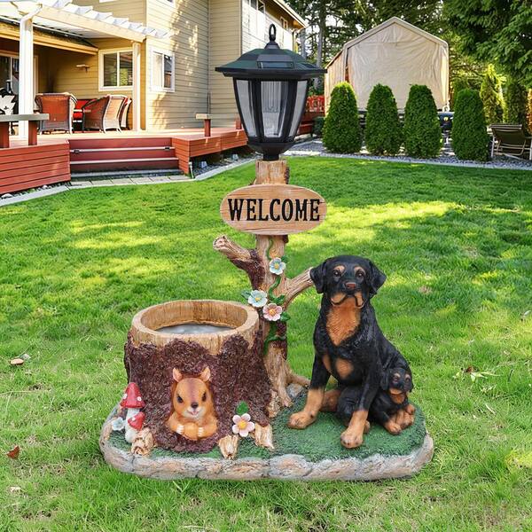 VAMOP Large Brown Resin Rottweiler Dog Family Garden Planter
