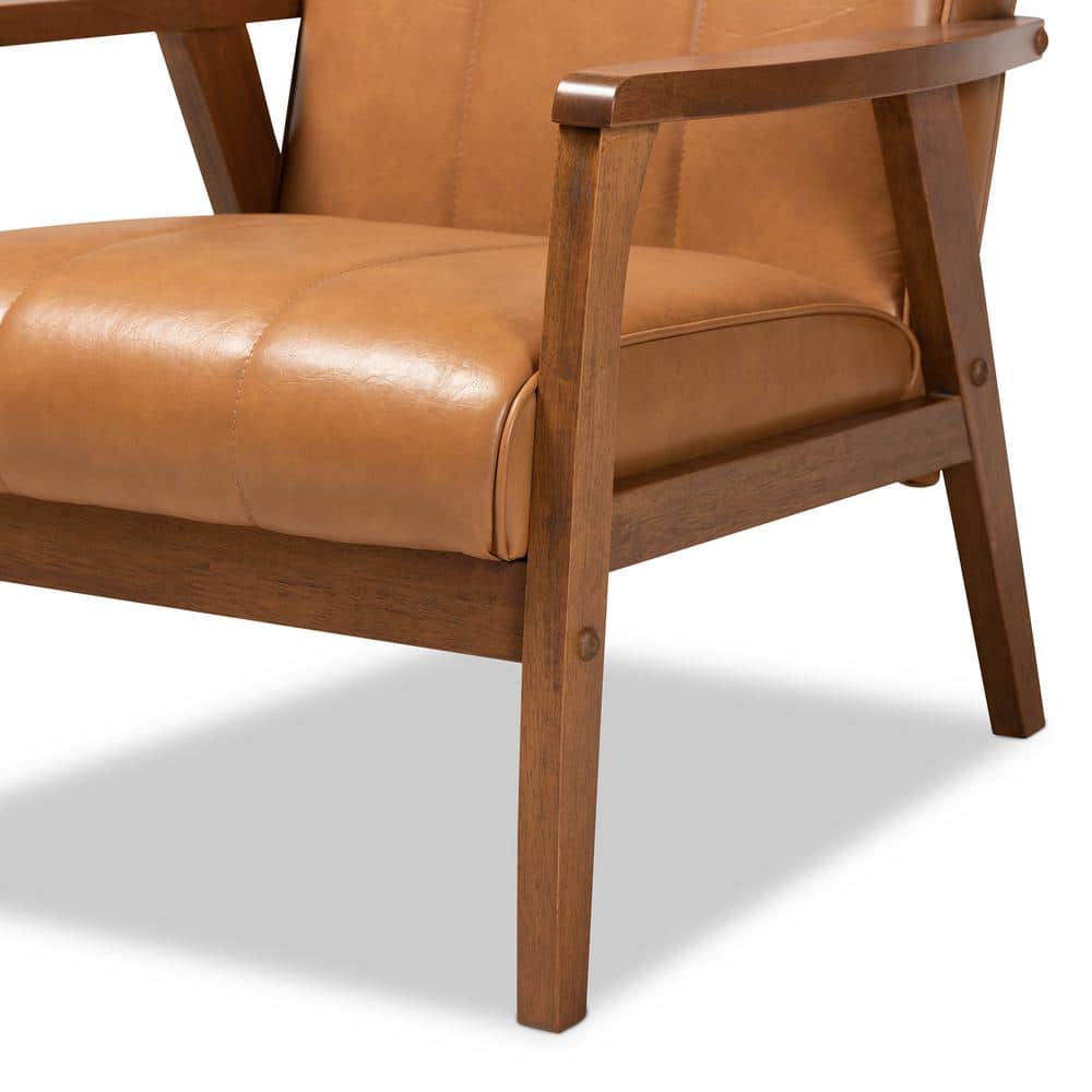 Ergonomic Mid-Century Tan Faux Leather & Walnut Wood Accent Chair