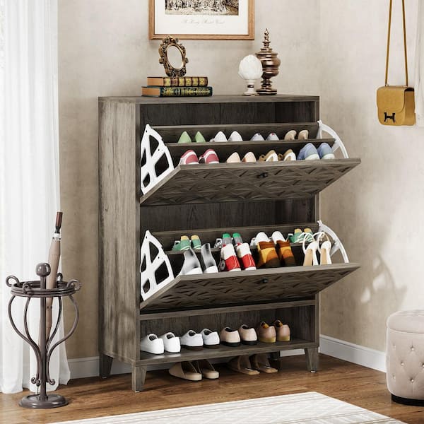 43.3 in. H x 31.5 W Gray Wood Shoe Storage Cabinet, Shoe Storage Rack Cabinet with 2 Flip Drawers for Entryway