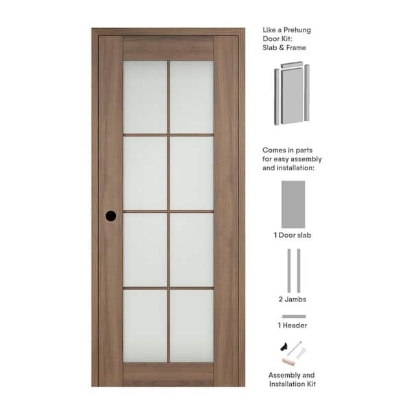 32 in. x 96 in. Vona Right-Hand 8-Lite Frosted Glass Pecan Nutwood Wood Composite Single Prehung Interior Door