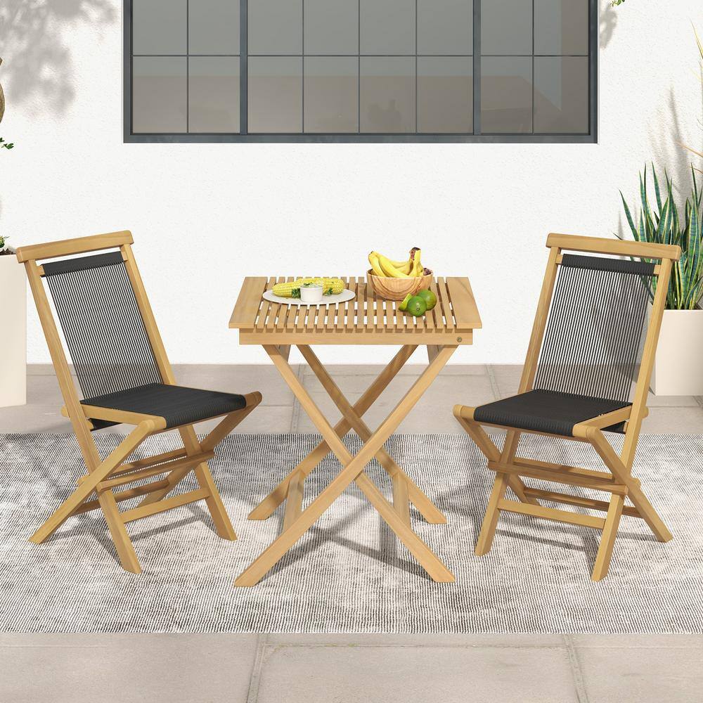 Natural Teak and Black Woven Rope Folding Patio Chairs, Set of 2