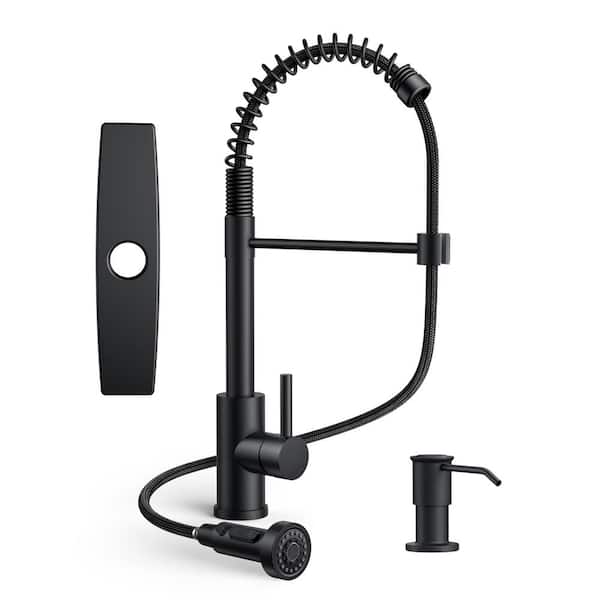 FURUISI Single Handle Pull Down Sprayer Kitchen Faucet with Soap Dispenser and Flexible Hose in Matte Black