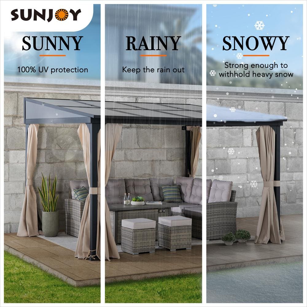 Sunjoy 10 x 12 ft Black Aluminum Wall-Mounted Gazebo with Curtains