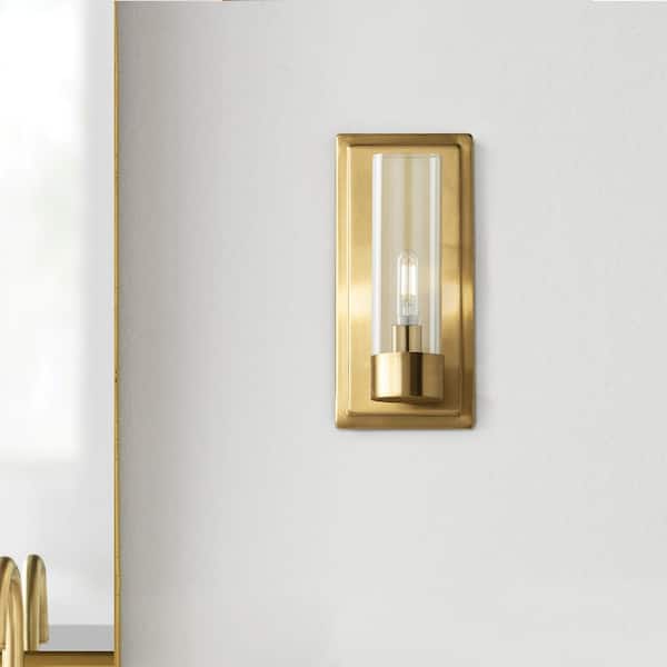 Closmere 5 in. 1-Light Brushed Gold Mid-Century Modern Wall Sconce with Clear Glass Shade