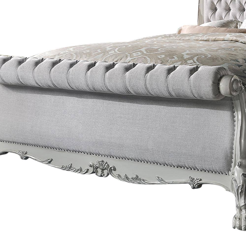 Bone White Tufted Upholstered Queen Bed with Wood Frame