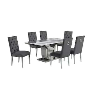 Ada 7-Piece White Marble Top with Stainless Steel Base Table Set with 6-Dark Grey Velvet Chairs with Tufted Buttons