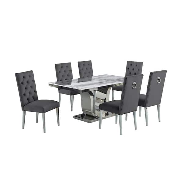 Best Quality Furniture Ada 7-Piece White Marble Top with Stainless Steel Base Table Set with 6-Dark Grey Velvet Chairs with Tufted Buttons