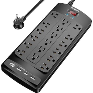 Heavy Duty 15 ft. 18-Outlets with Extension Cord Surge Protector Power Strip with 1 USB C and 3 USB Port in Black